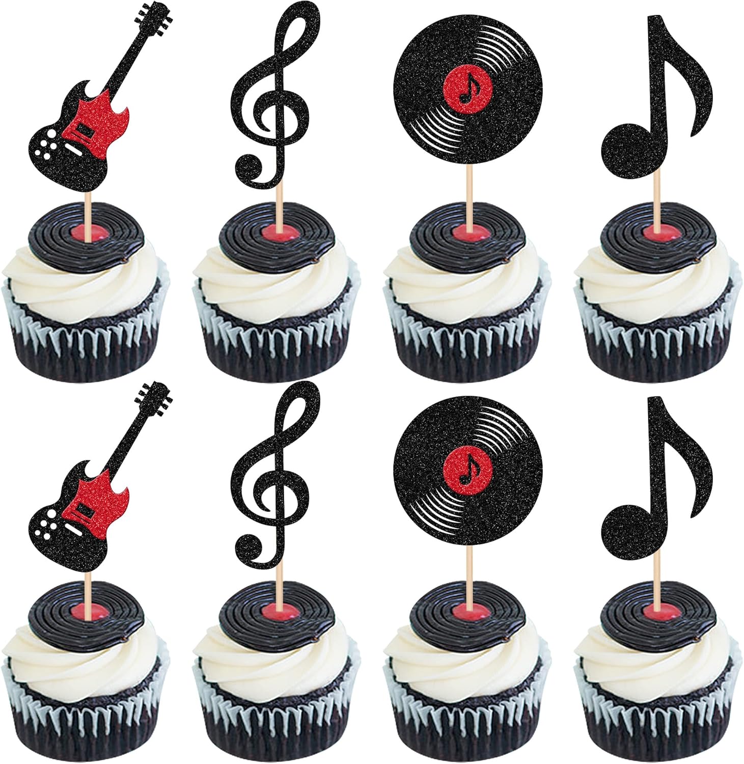 24 PCS Music Notes Cupcake Toppers Glitter Guitar Rock Cupcake Picks Vinyl Record Cake Decorations for Retro Rock and Roll Music Theme Baby Shower Kids Birthday Party Cake Decorations Supplies