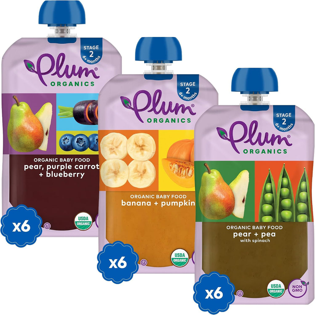 Plum Organics - 6+ Months Organic Baby Food Variety Pack - 3 Flavors - Non-GMO - Fruit & Veggie Blends On-The-Go Pouches for Baby and Toddler Meals - Quality Tested Ingredients - 4 oz (Pack of 18)
