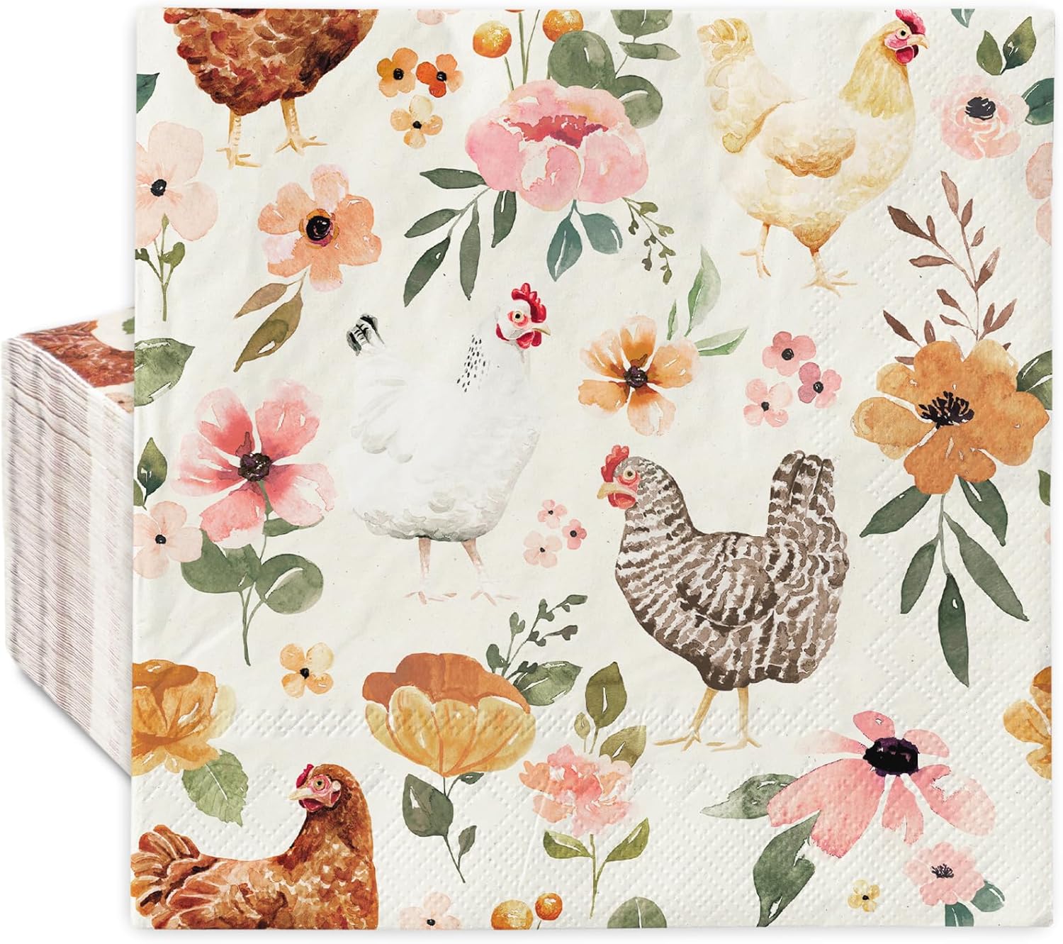 20Pcs Hens Paper Napkins Watercolor Floral Chicken Disposable Luncheon Napkin Rustic Flower Poultry Dessert Dinner Hand Napkin for Farmhouse Supplies
