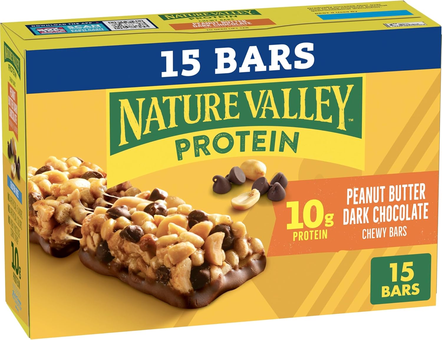 Nature Valley Breakfast Bars, Protein Granola Bars, Peanut Butter Dark Chocolate, Chewy, Gluten-Free, Individually Wrapped, On-the-Go, No Artificial Flavors or High Fructose Corn Syrup, 15-Count Box