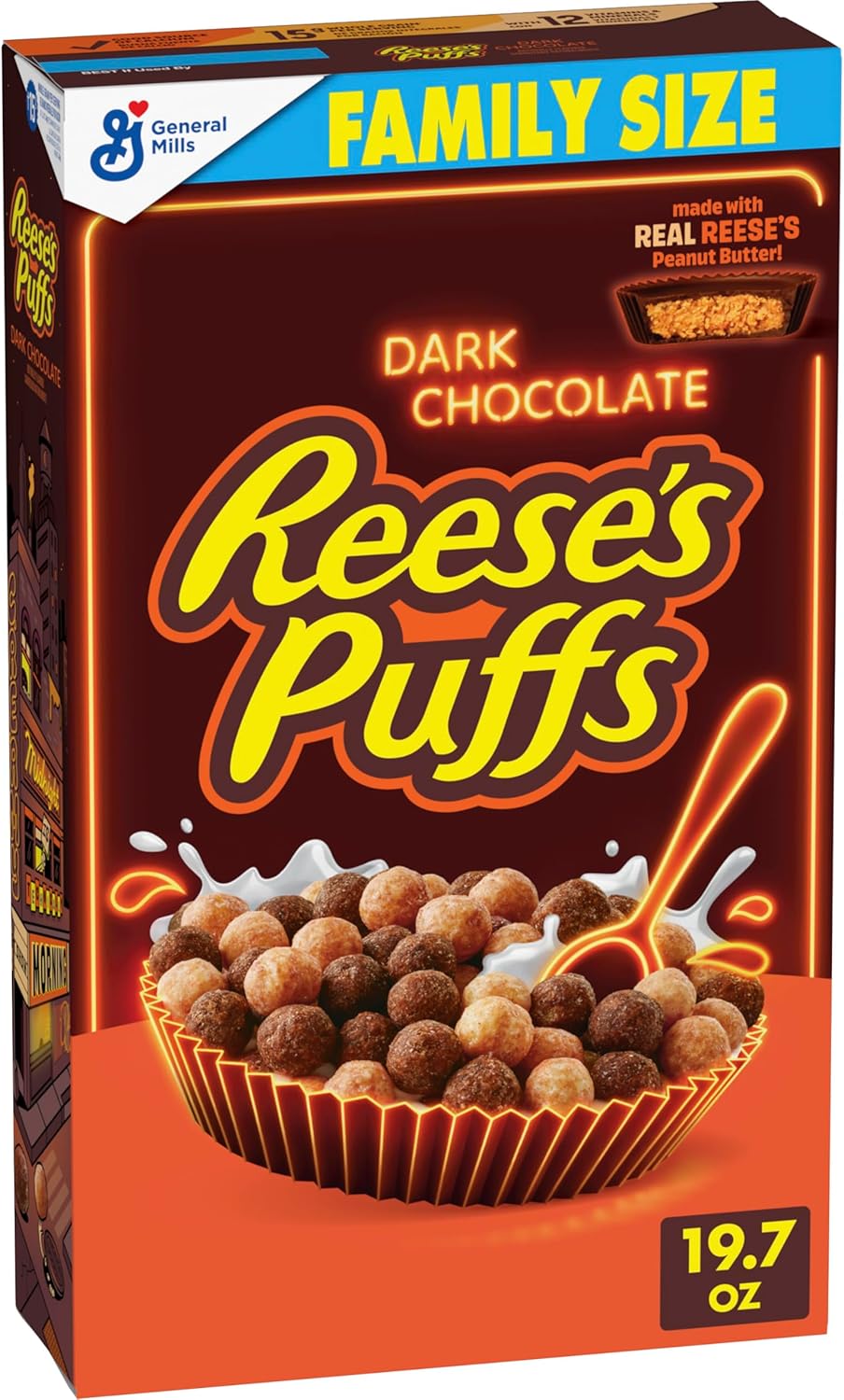 REESE'S PUFFS Dark Chocolate Cereal, Made with Real REESE'S Peanut Butter, Family Size, 19.7 oz
