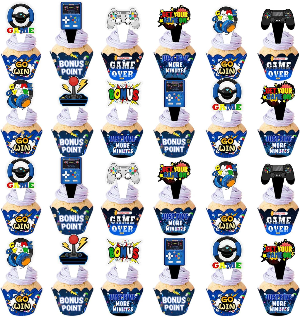 48Pcs Video Game Cupcake Topper | Gaming Game on Controllers Cupcake Picks | Gamer Birthday Anniversary Party