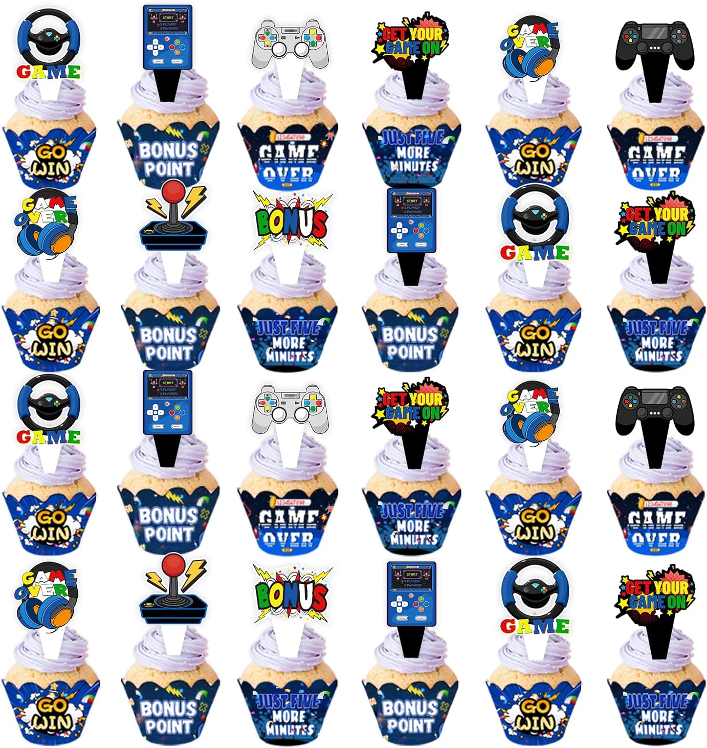 48Pcs Video Game Cupcake Topper | Gaming Game on Controllers Cupcake Picks | Gamer Birthday Anniversary Party
