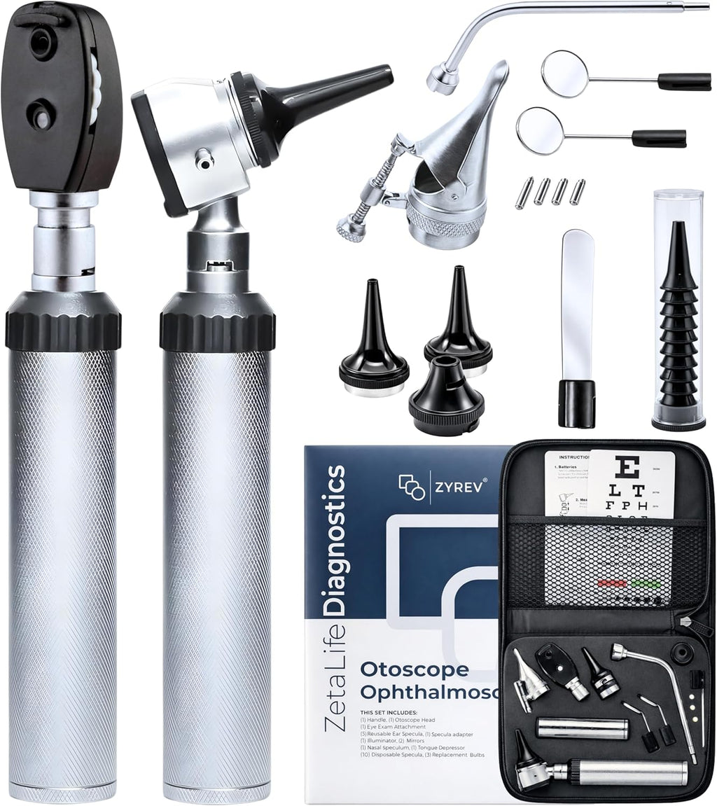 Zyrev Otoscope Oph Diagnostic Set - 34 Piece Medical and Nursing Student Otoscope/Opthalmoscope Kit - with Leather Case for Educational and Professional Settings (Advanced)