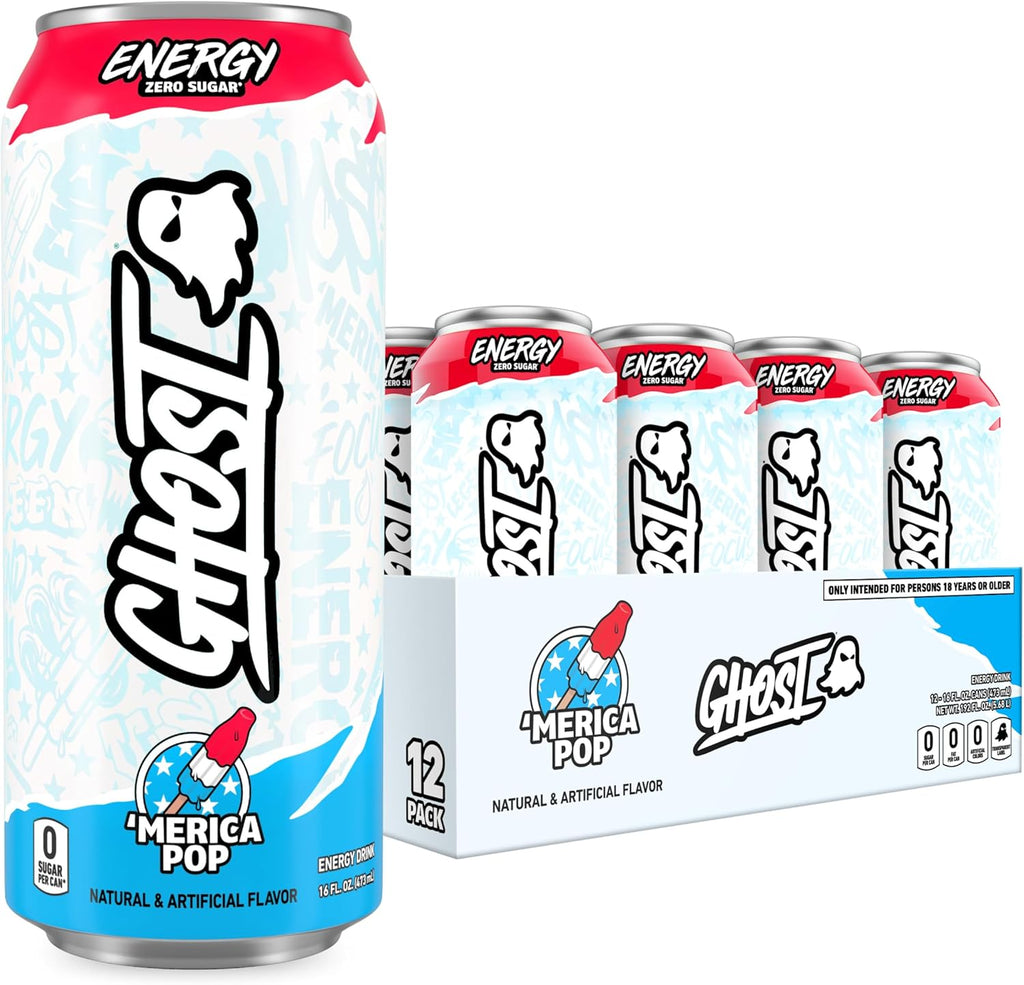 GHOST Energy Drink - 12-Pack, 'Merica Pop, 16oz Cans - Energy & Focus & No Artificial Colors - 200mg of Natural Caffeine, L-Carnitine & Taurine - Gluten-Free & Vegan