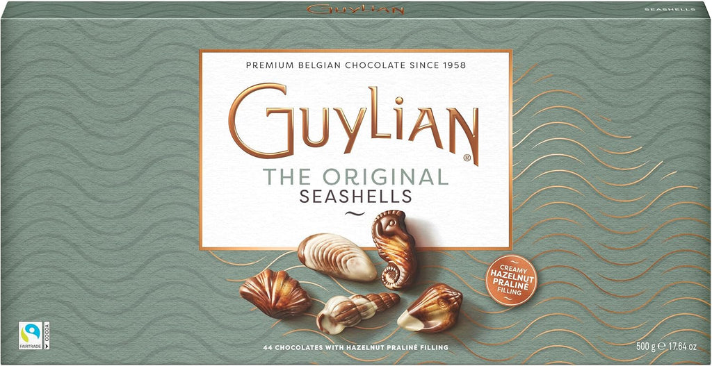Belgian Chocolate Seashells, 17.64 oz, 44 pc Original Gourmet Hazelnut Praliné Treat by GuyLian, White, Milk & Dark Chocolate Candy Gift Box for Women and Men