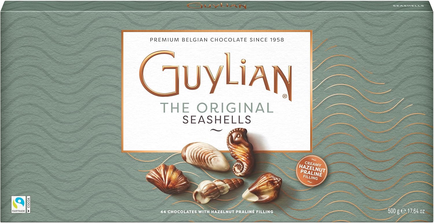 Belgian Chocolate Seashells, 17.64 oz, 44 pc Original Gourmet Hazelnut Praliné Treat by GuyLian, White, Milk & Dark Chocolate Candy Gift Box for Women and Men