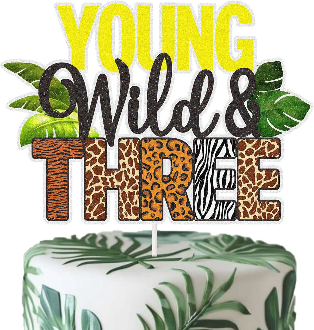 Young Wild And Three Cake Topper, Young Wild And Three Party Decorations Safari Jungle Theme 3rd Birthday Party Decor