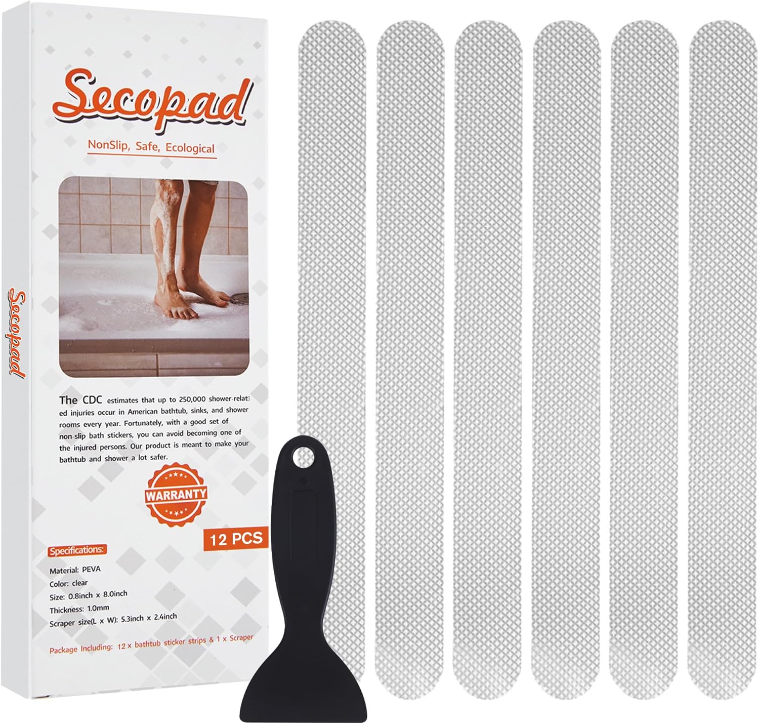 Original Anti-Slip Shower Stickers for Bathtub & Shower Floor, Strong Adhesive Safety Strips with Scraper Ideal for Families with Kids, Adults & Seniors, 24 PCS (Clear)