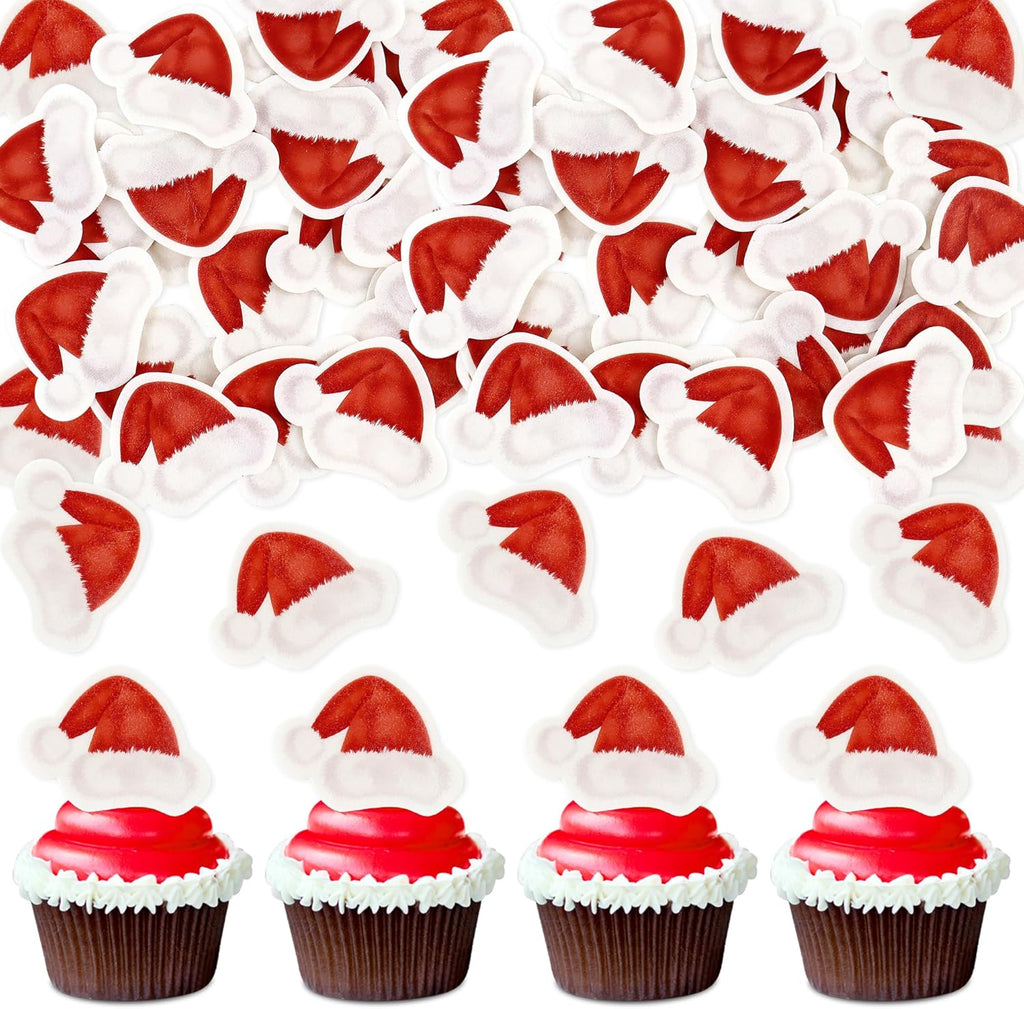 Ercadio 40 Pcs Edible Red Christmas Hat Cupcake Toppers Santa Claus Hat Cupcake Drink Topper Picks for Eve Xmas Holiday Christmas New Year Holiday Party Cake Decorations Supplies