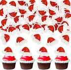 Ercadio 40 Pcs Edible Red Christmas Hat Cupcake Toppers Santa Claus Hat Cupcake Drink Topper Picks for Eve Xmas Holiday Christmas New Year Holiday Party Cake Decorations Supplies