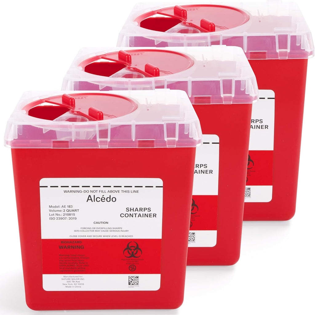 Alcedo Sharps Container for Home and Professional Use 2 Quart (3-Pack), Biohazard Needle and Syringe Disposal, Medical Grade