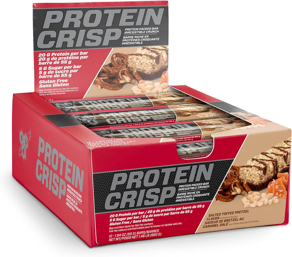 BSN Protein Crisp Bar, Salted Toffee Pretzel, 20 Gram Protein Snack Bars with Whey and Fiber, Gluten-Free Crunchy Energy Bars for Workout, Fitness, On-the-Go, 12 Count