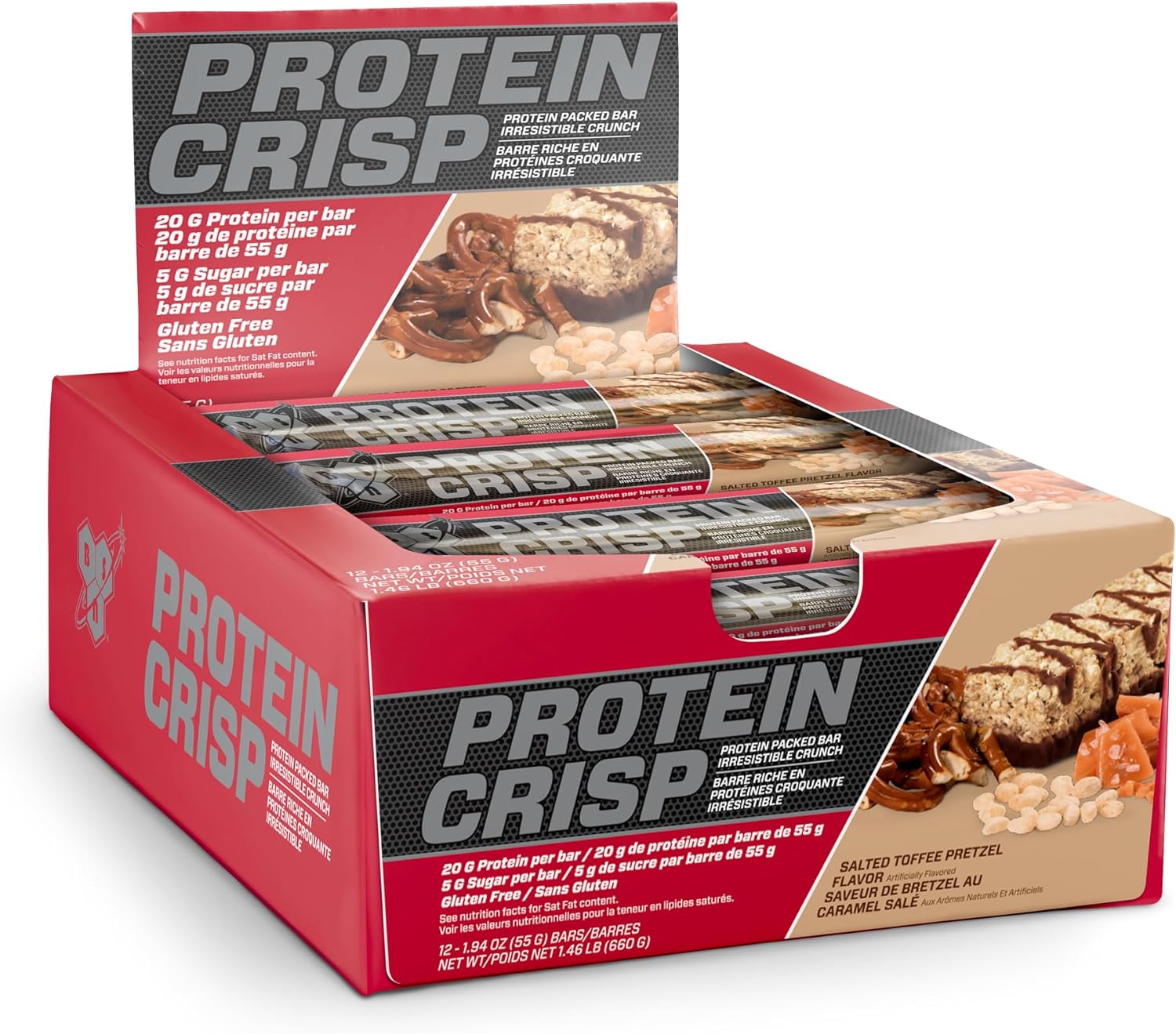 BSN Protein Crisp Bar, Salted Toffee Pretzel, 20 Gram Protein Snack Bars with Whey and Fiber, Gluten-Free Crunchy Energy Bars for Workout, Fitness, On-the-Go, 12 Count