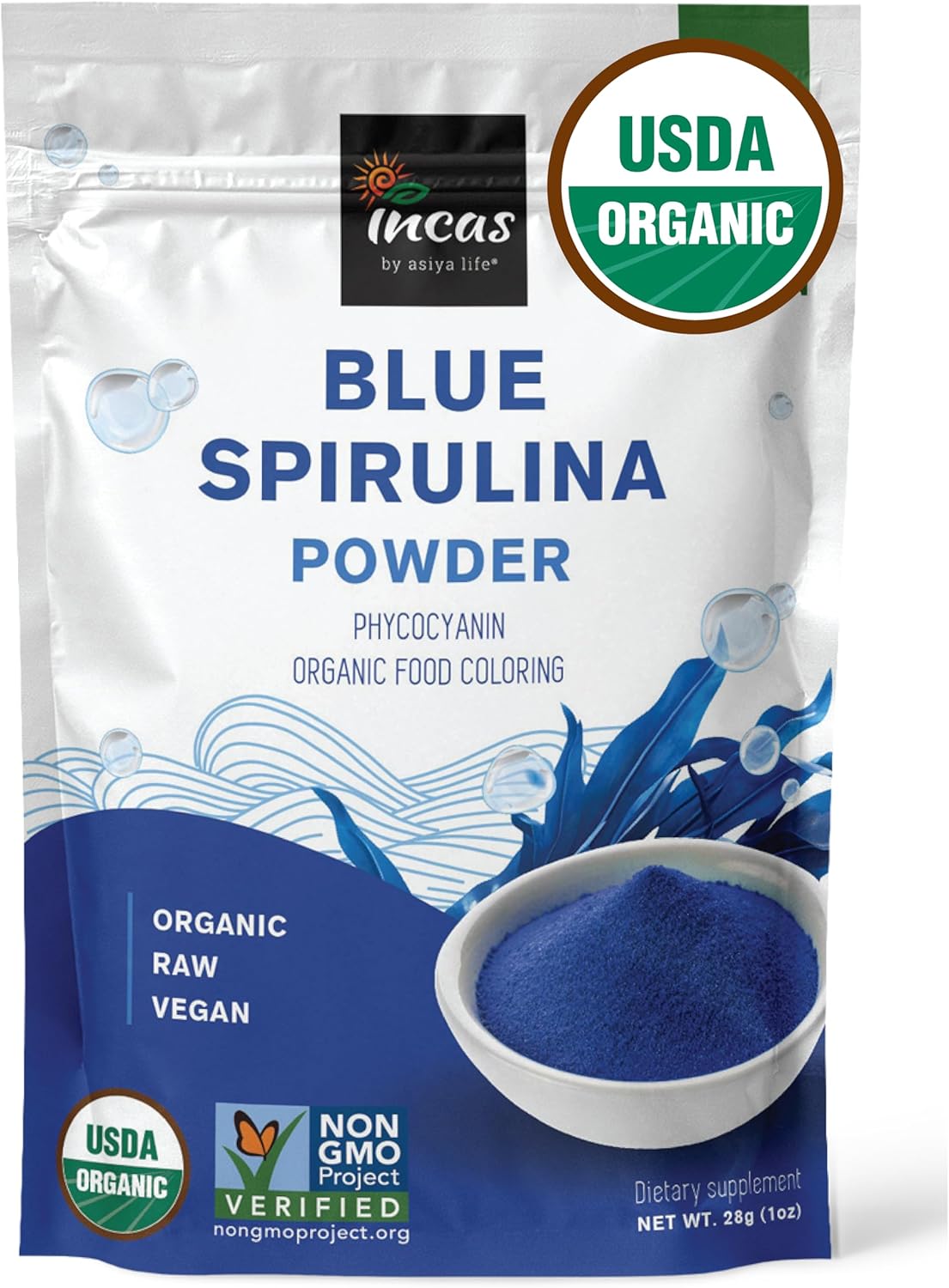 USDA Organic Blue Spirulina Powder (Phycocyanin Extract), No Fishy Smell, 100% Vegan Protein from Blue-Green Algae, 28 Servings, Natural Food Coloring for Smoothies, Baking & Drinks (1 Ounce)