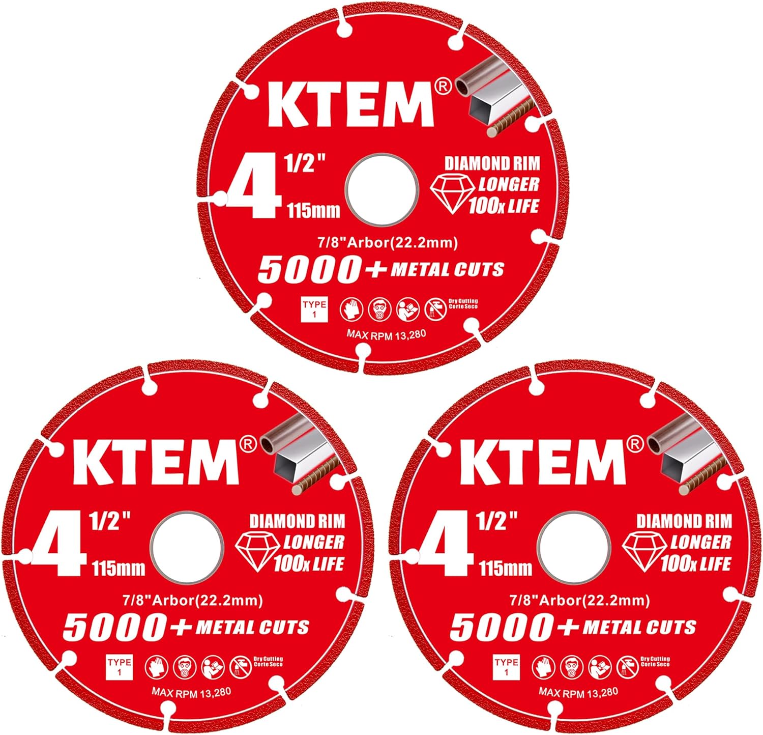 Diamond Cut Off Wheel for Metal and Steel, 4-1/2 Inch, 7/8 Inch Arbor, 3 Pack