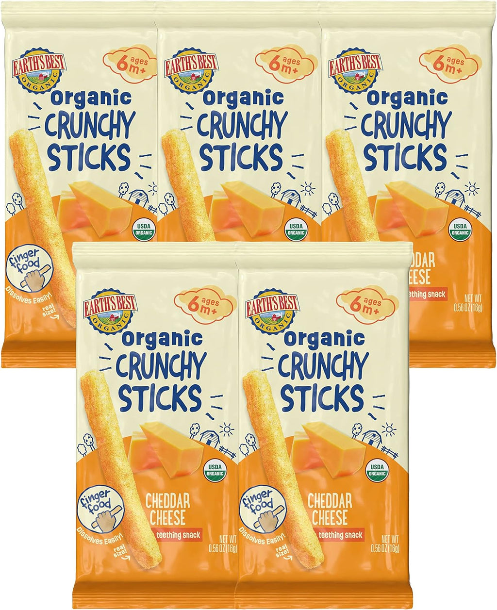 Earth's Best Organic Baby Food, Dissolvable Teething Snack for Babies 6 Months and Older, Cheddar Cheese Crunchy Sticks, .56 oz Pack (Pack of 5)