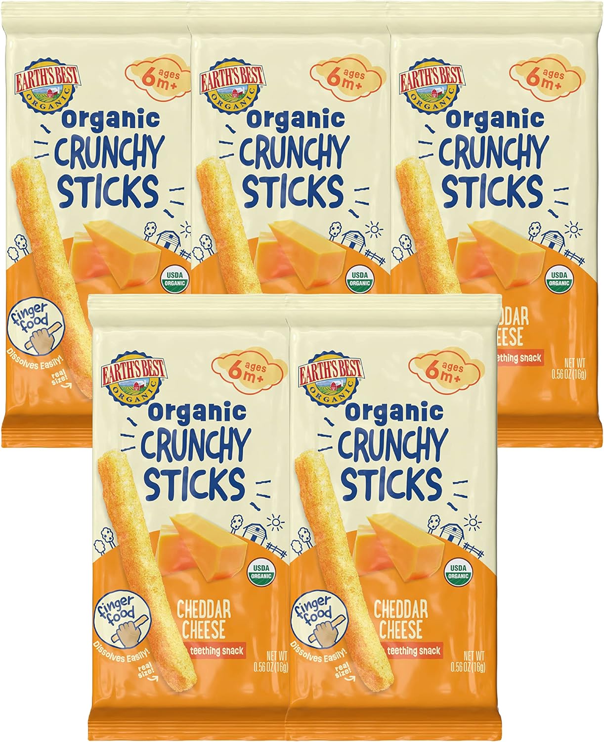 Earth's Best Organic Baby Food, Dissolvable Teething Snack for Babies 6 Months and Older, Cheddar Cheese Crunchy Sticks, .56 oz Pack (Pack of 5)