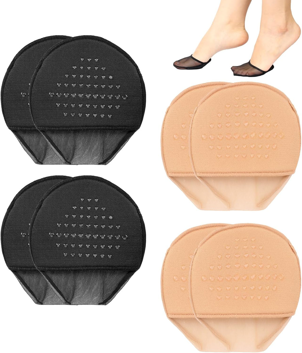 Women's Toe Topper Cover Socks, 4 Pairs No-Show Liner Half Socks for Women Beige/Black Seamless Sandal Sock Non-Slip Ball of Foot Cushion Heel Sock with Padding for Women Girls Flats High Heels