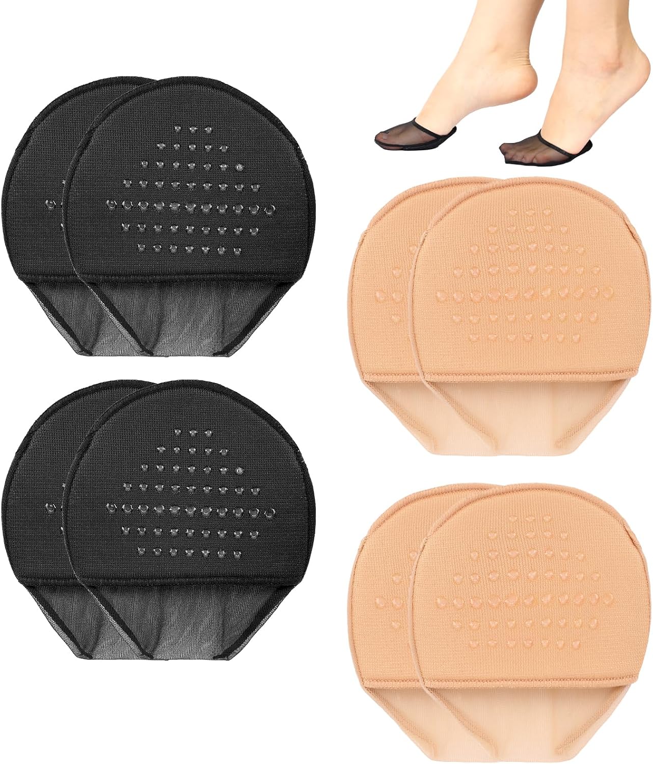 Women's Toe Topper Cover Socks, 4 Pairs No-Show Liner Half Socks for Women Beige/Black Seamless Sandal Sock Non-Slip Ball of Foot Cushion Heel Sock with Padding for Women Girls Flats High Heels