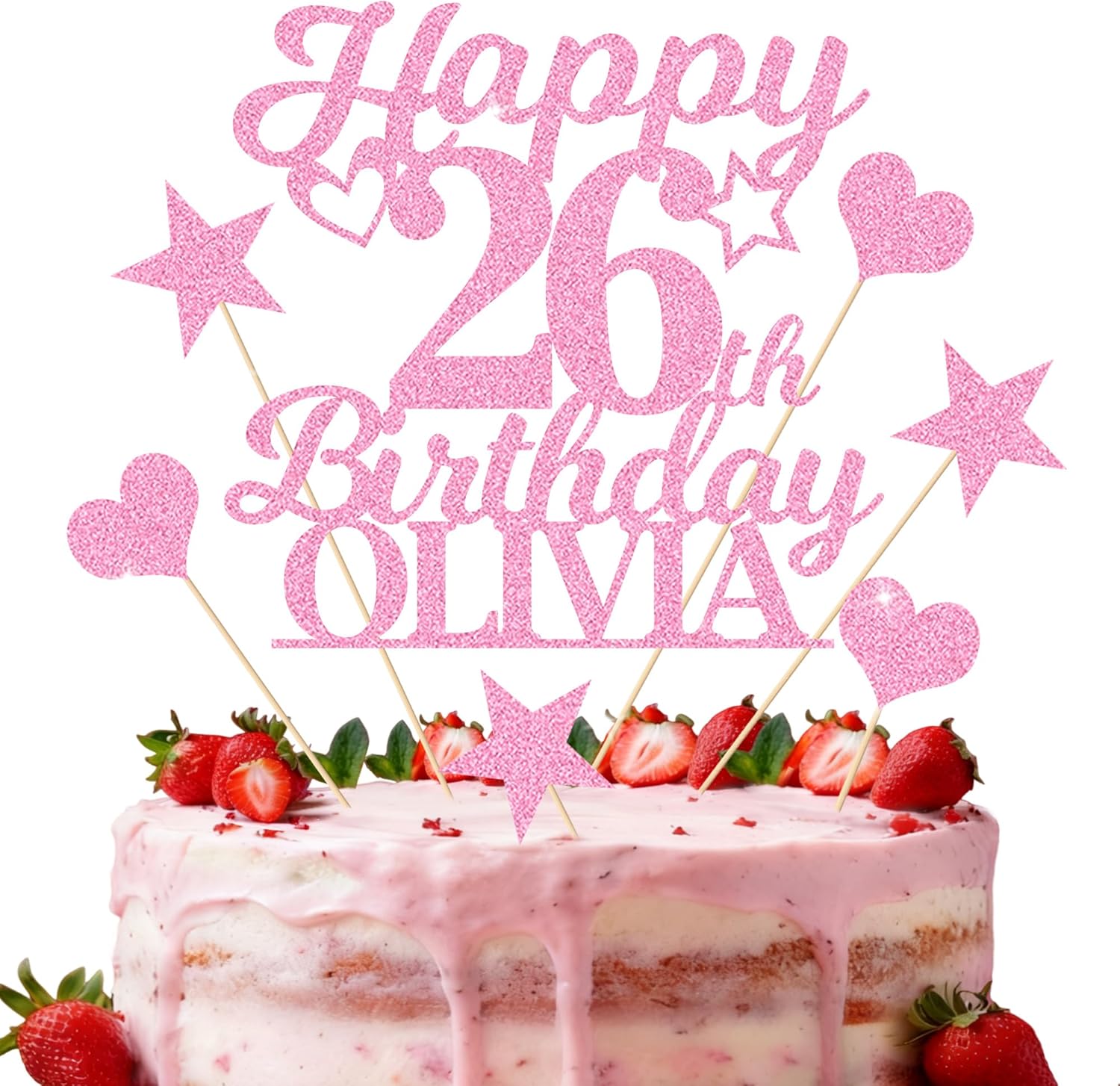EDSG Happy Birthday Cake Topper Personalized Cake Topper Gifts Custom Glitter Cake Topper with Any Name & Age for 18th 21st 30th 40th 50th 60th 11 Colors Cake Decorations (Baby Pink)