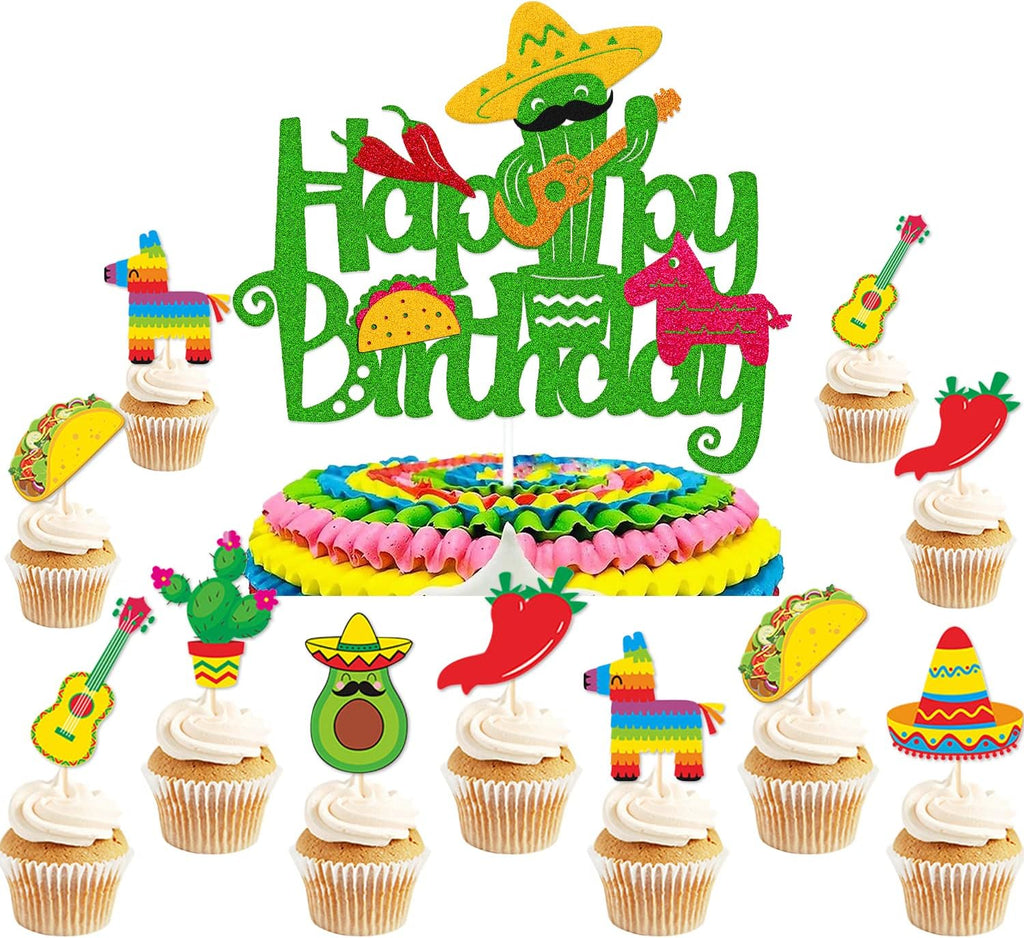 Fiesta Cake Topper Cupcake Topper Mexican Cactus Donkey Maraca Sombrero Guitar Taco Pepper Theme Happy Birthday Cake Decorations Kids Boy Girl Bday Party Supplies 29 PCS