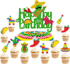 Fiesta Cake Topper Cupcake Topper Mexican Cactus Donkey Maraca Sombrero Guitar Taco Pepper Theme Happy Birthday Cake Decorations Kids Boy Girl Bday Party Supplies 29 PCS