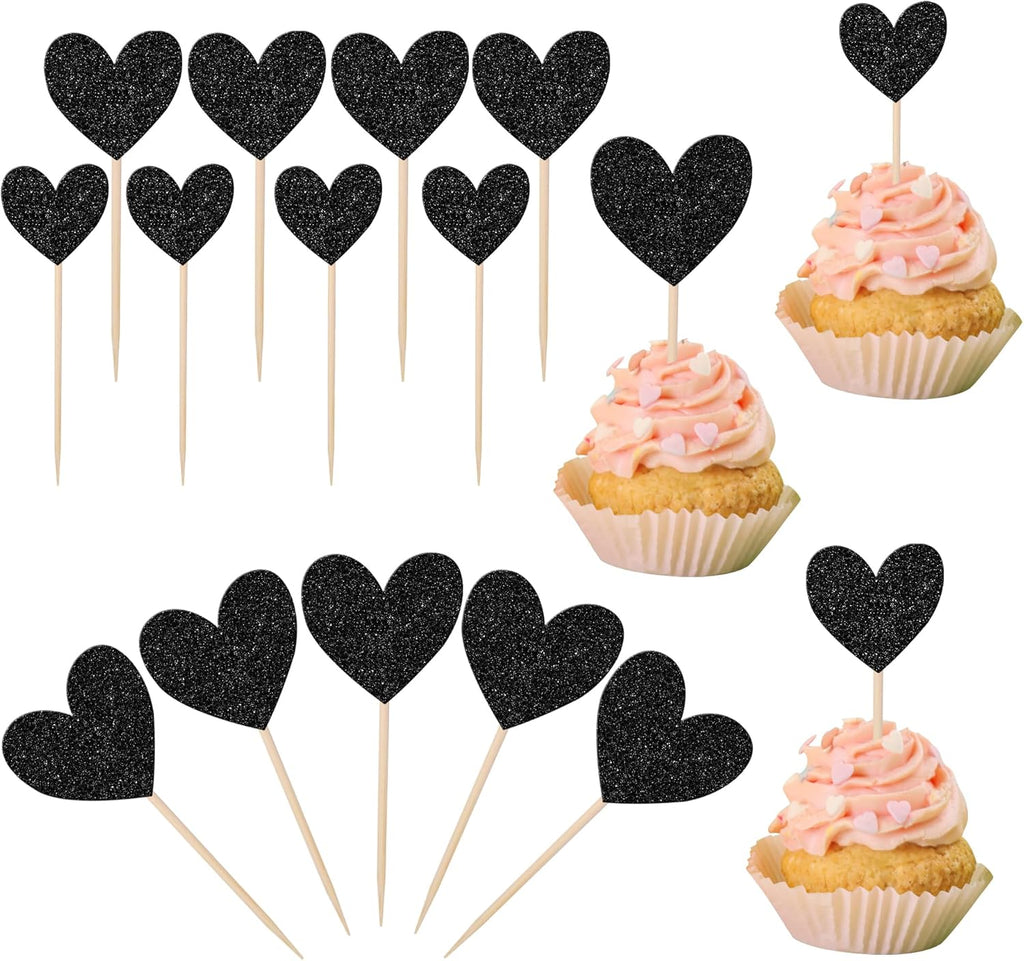 Rsstarxi 30 Pack Heart Cupcake Toppers Black Glitter Sweet Love Baby Shower Cupcake Picks for Bridal Shower Wedding Engagement Birthday Valentine's Day Party Cake Decorations Supplies