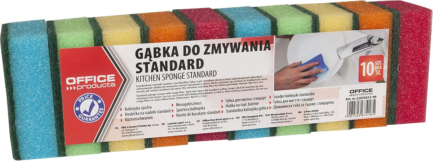 Office Products 22035612-99 Cleaning Sponge, Pack of 10, Size: 4.6 x 7.4 cm ± 2 mm, Washing Up Sponge, Cleaning Sponge, Kitchen, Kitchen Sponge, Double-Sided Scouring Pad, for Stubborn Dirt