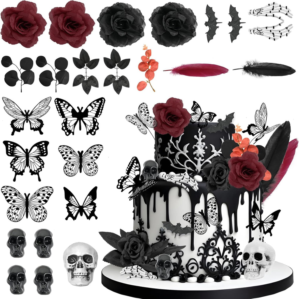 Gothic Cake Decorations - 26PCS Black Cake Toppers with Red Black Rose, Skull, Butterfly Cupcake Toppers for Goth Birthday, Wedding, Halloween