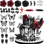 Gothic Cake Decorations - 26PCS Black Cake Toppers with Red Black Rose, Skull, Butterfly Cupcake Toppers for Goth Birthday, Wedding, Halloween