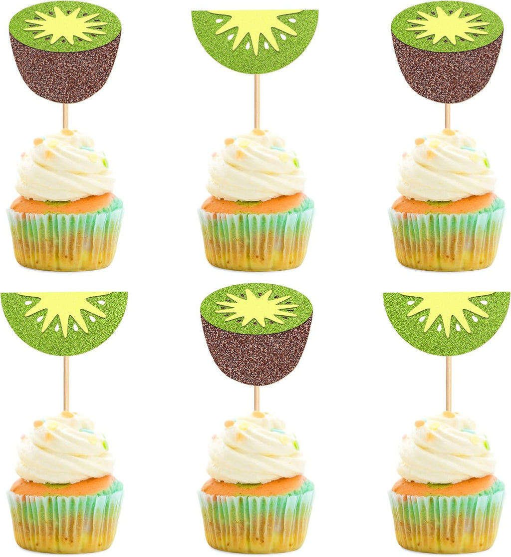Ercadio 24 Pcs Kiwifruit Cupcake Toppers Glitter Fruit Theme Summer Kiwifruit Cupcake Picks for Kid Baby Shower Party Decorations Boy Girl Birthday Cake Party Supplies Kiwifruit