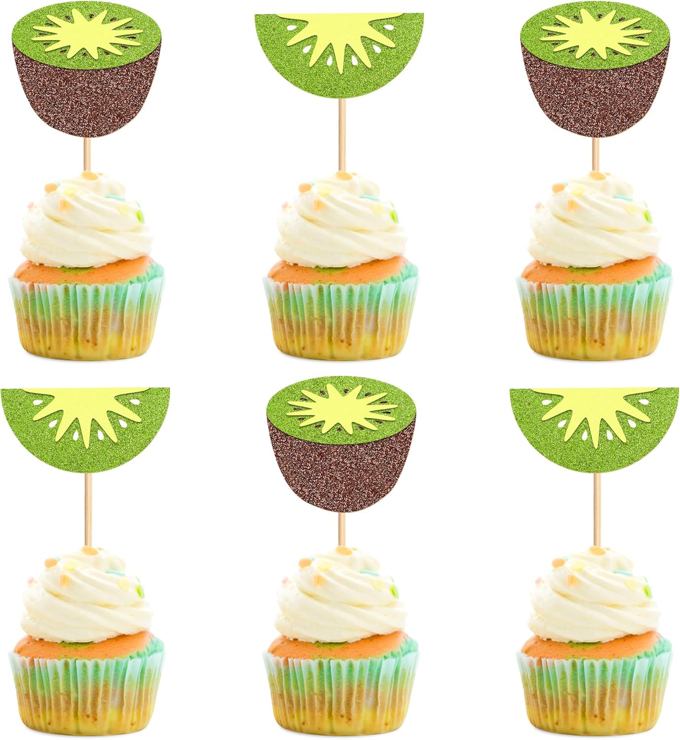 Ercadio 24 Pcs Kiwifruit Cupcake Toppers Glitter Fruit Theme Summer Kiwifruit Cupcake Picks for Kid Baby Shower Party Decorations Boy Girl Birthday Cake Party Supplies Kiwifruit