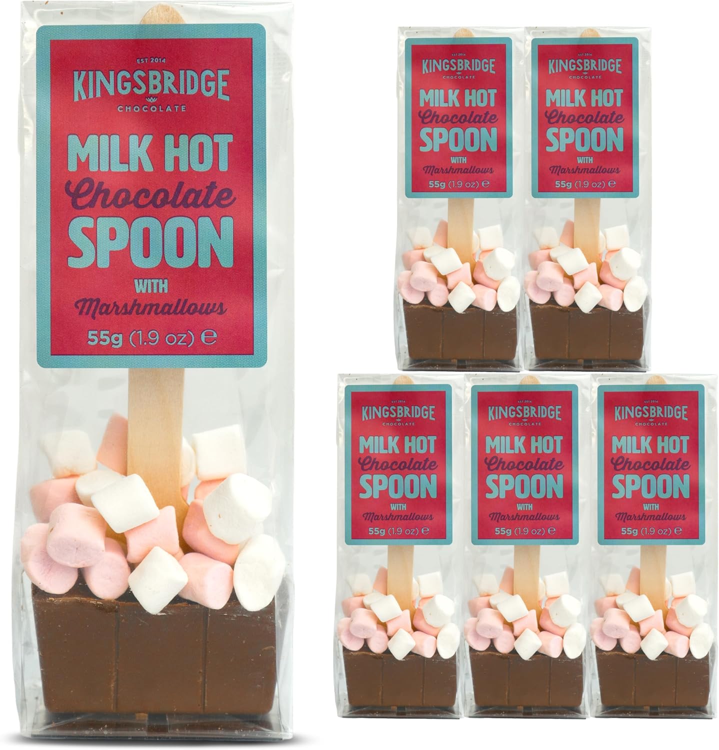 Kingsbridge Premium Hot Chocolate Spoons (5 Pack) - Luxury Milk Chocolate & Mini Marshmallow Stirrer - Milk Block With Wooden Spoon