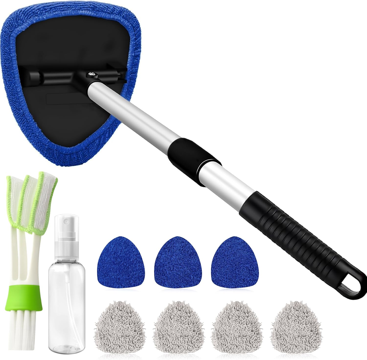 Windshield Cleaner Tool with 180° Rotating Head, Car Window Cleaner Tool with Extendable Handle and 4 Reusable Microfiber Pads, Car Windshield Cleaning Brush for Effortless and Efficient Cleaning