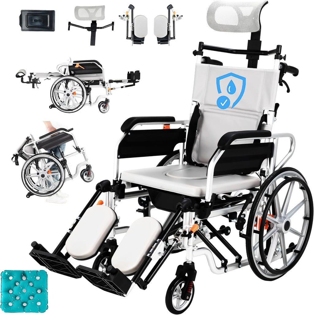 5-in-1 Reclining Wheelchairs, Waterproof Shower Bathroom Wheelchair, Transport Wheelchairs with Elevating Leg Rests and Potty- 18.5" Wide Seat Heavy Duty Recliner Wheel Chair for Seniors & Adults