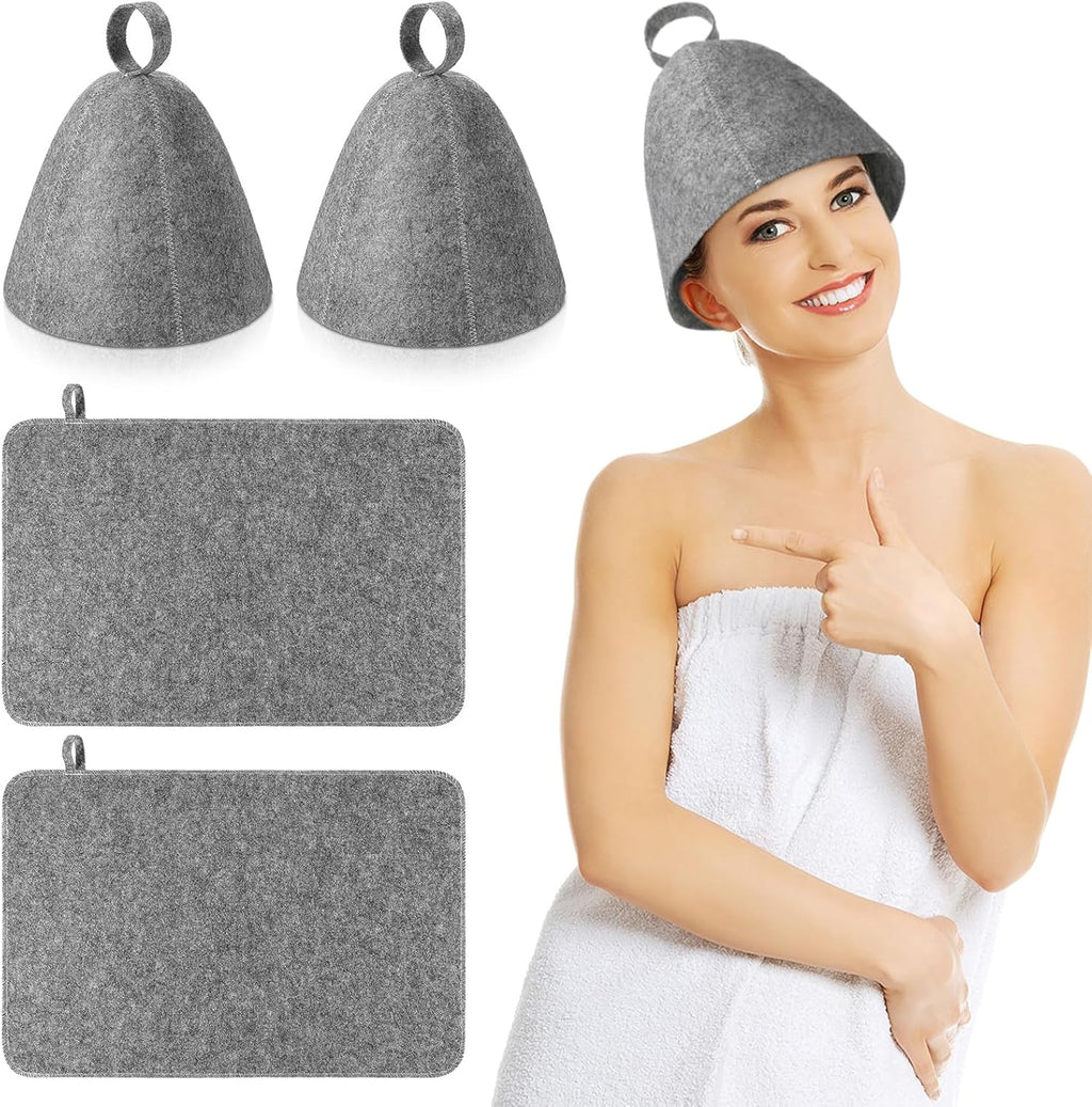 Jiuguva 4 Pcs Sauna Hat Natural Felt Sauna Cap for Men and Women Saunas Accessories Include Felt Hat & Banya Heat Floor Mat Head Insulation Vaporarium for Spa Bench Bath Shower Gift, Gray (19.5'')