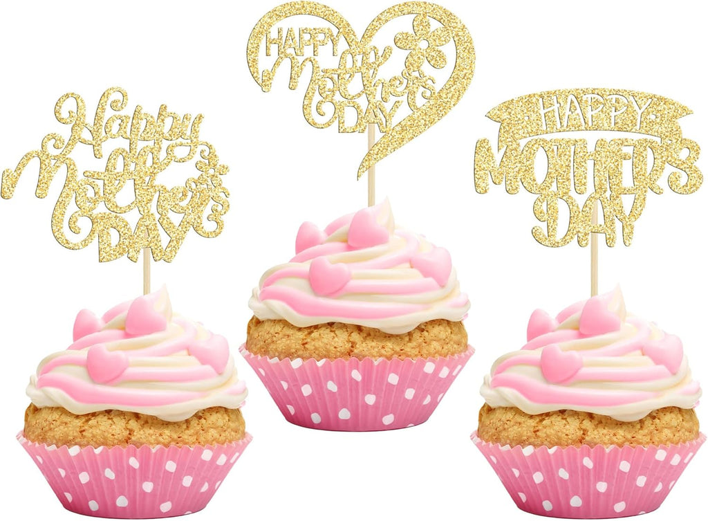 24Pcs Happy Mother's Day Cupcake Toppers with Glitter Heart Love Flower Mother Best Mom Cupcake Picks for Happy Mother's Day Theme Women Birthday Party Cake Decorations Supplies Gold