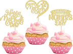 24Pcs Happy Mother's Day Cupcake Toppers with Glitter Heart Love Flower Mother Best Mom Cupcake Picks for Happy Mother's Day Theme Women Birthday Party Cake Decorations Supplies Gold
