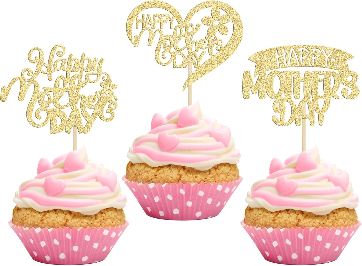24Pcs Happy Mother's Day Cupcake Toppers with Glitter Heart Love Flower Mother Best Mom Cupcake Picks for Happy Mother's Day Theme Women Birthday Party Cake Decorations Supplies Gold