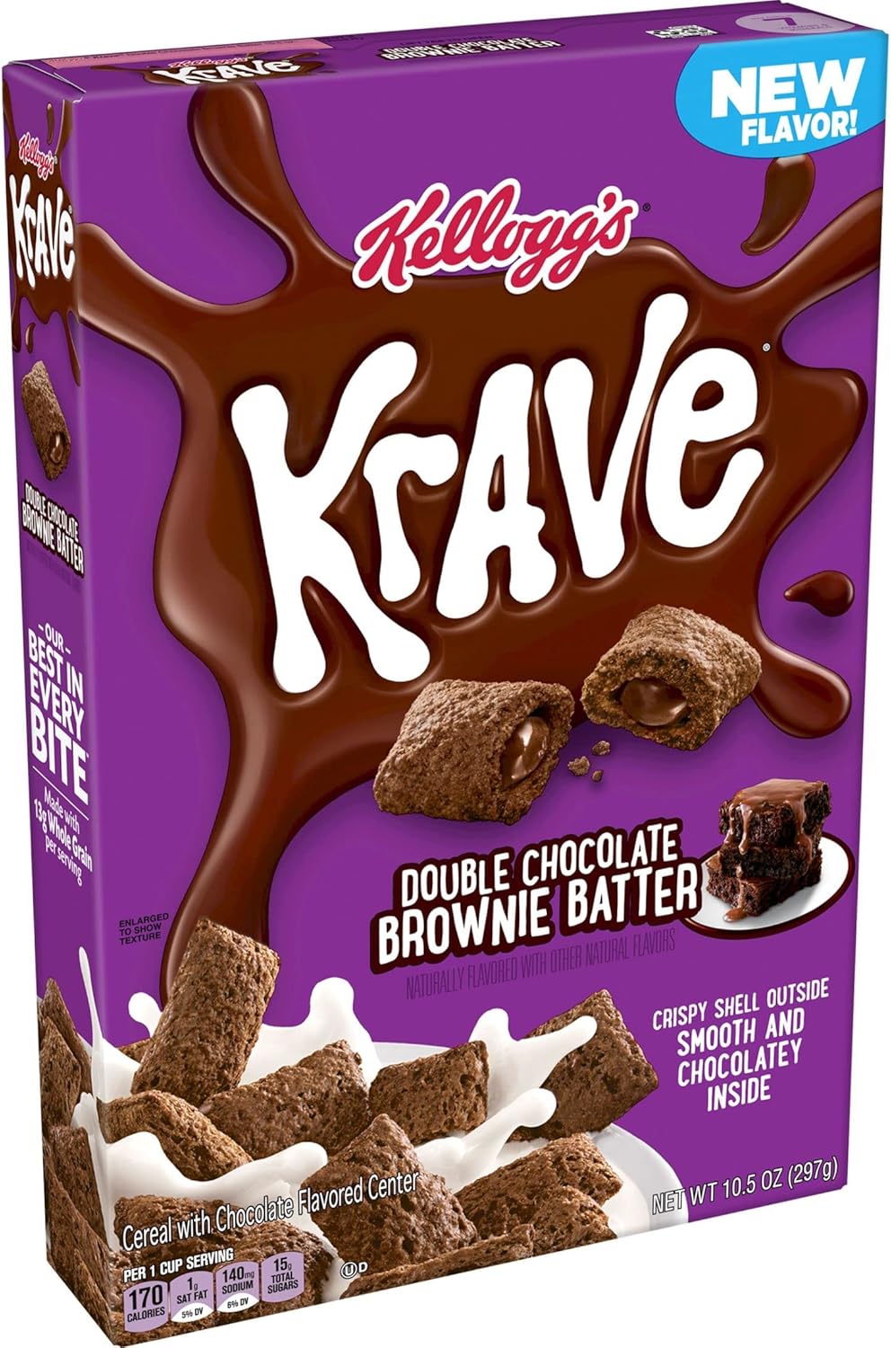 Krave Cold Breakfast Cereal, Chocolate Cereal, Kids Snacks, Double Chocolate Brownie Batter, 10.5oz Box