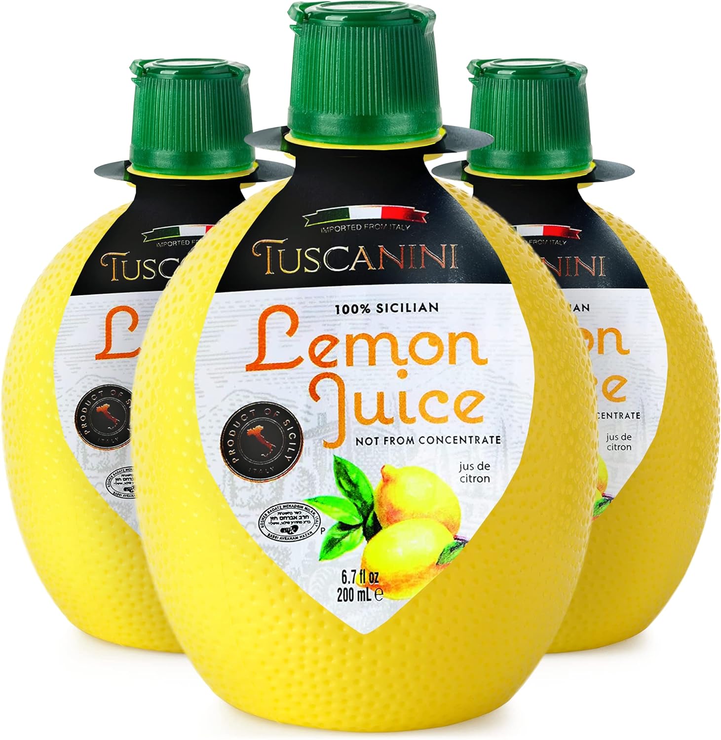 Tuscanini 100% Sicilian Lemon Juice, Not from Concentrate, 6.7oz Lemon Shaped Squeeze Bottle (3 Pack) No Water Added | Product of Italy | Certified Kosher (Including Passover)