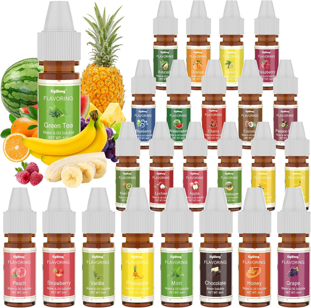 Food Flavoring Oil, 24 Liquid Lip Gloss Flavoring Oil - Concentrated Candy Flavors for Lip Balm, Baking, Cooking, Soap and Slime Making - Water & Oil Soluble - .25 Fl Oz (6 ml) Bottles