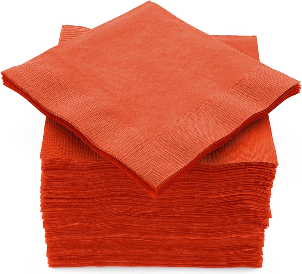100 Pack Orange Beverage Napkins, Big Party Pack, 2 Ply, Ideal for Wedding, Party, Birthday, Dinner, Lunch, Cocktails. (5” x 5”) by Amcrate