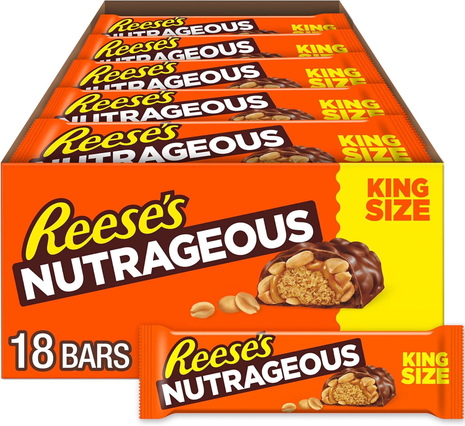REESE'S NUTRAGEOUS Chocolate, Peanut Butter, Caramel and Peanut King Size, Candy Bars, 3.1 oz (18 Count)