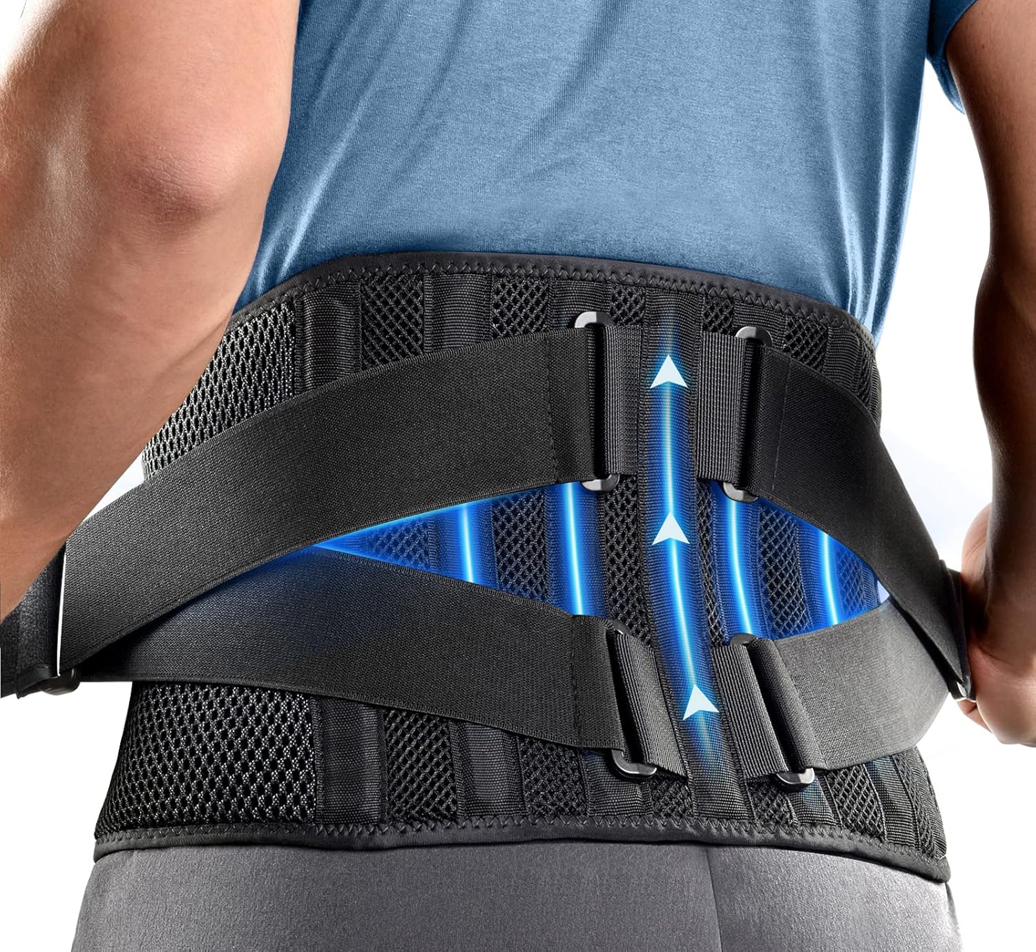 FREETOO Air Mesh Back Brace for Men Women Lower Back Pain Relief with 7 Stays, Adjustable Back Support Belt for Work, Anti-skid Lumbar Support for Sciatica Scoliosis (S(waist:27''-36''), Black)