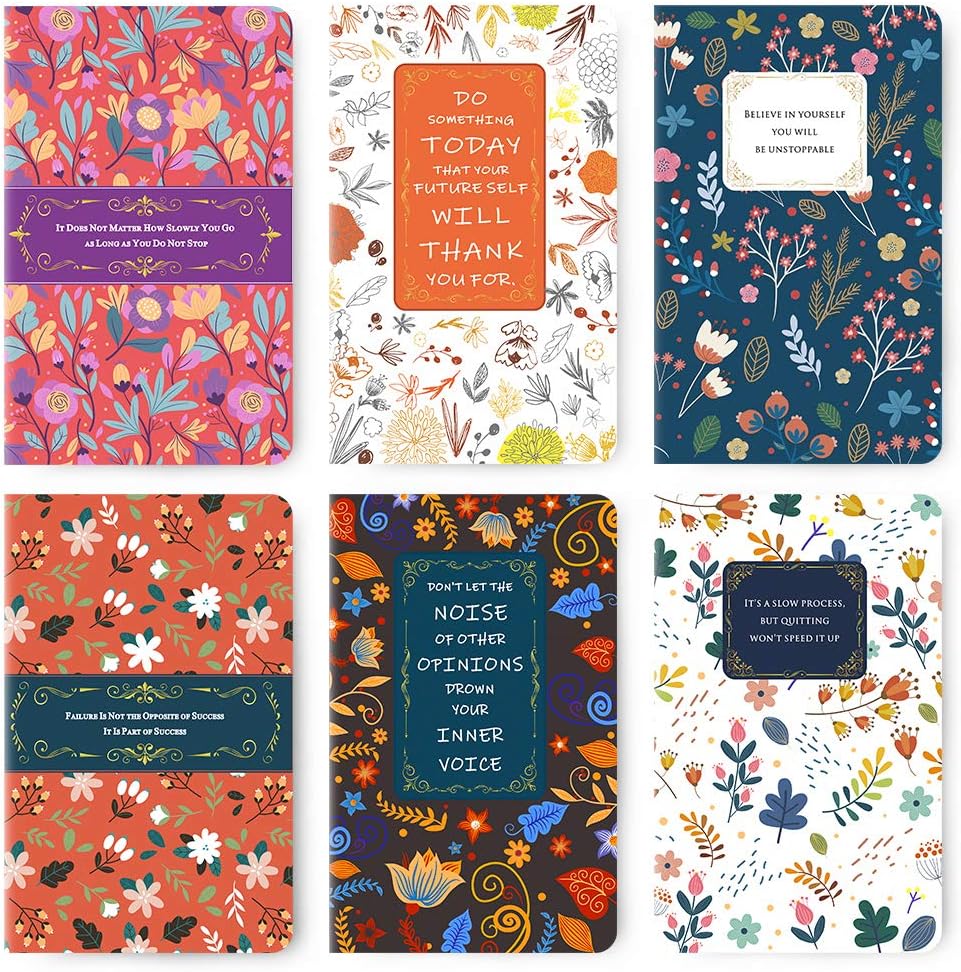 6 Packs Sewn-binding Pocket Notebook 96 Pages (Lined, 48 Sheets), 5"x 8" Sturdy 22LB/80GSM Heavy Weight Paper, Small Memo Notepad with Inspirational Motivational Quotes Writing Pad, Softcover Journal