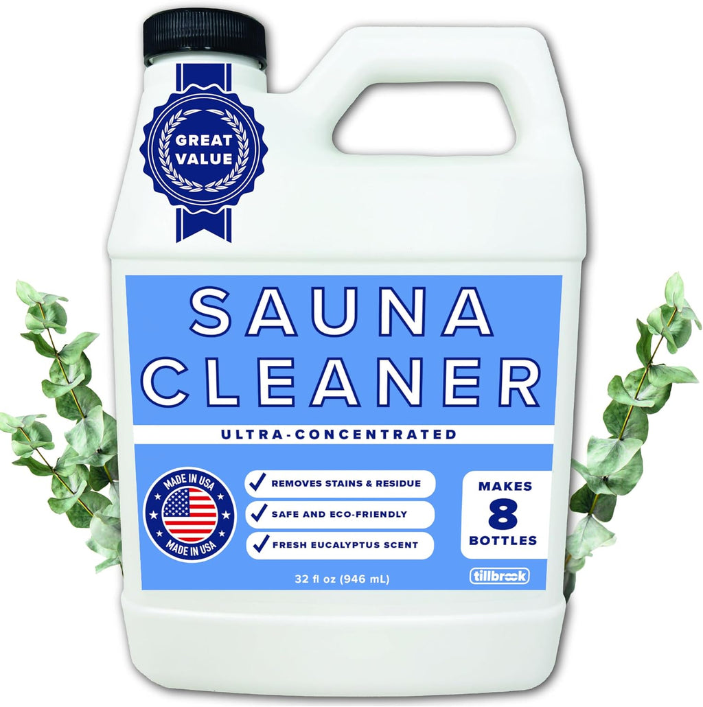 Tillbrook Sauna Cleaner - Makes 4 Gallons Concentrated Sauna Wood Cleaner - 32 oz All-Natural Cleaning Solution for Saunas - Safe for All Surfaces - Removes Grease, Sweat, & Dirt - Eucalyptus Scent