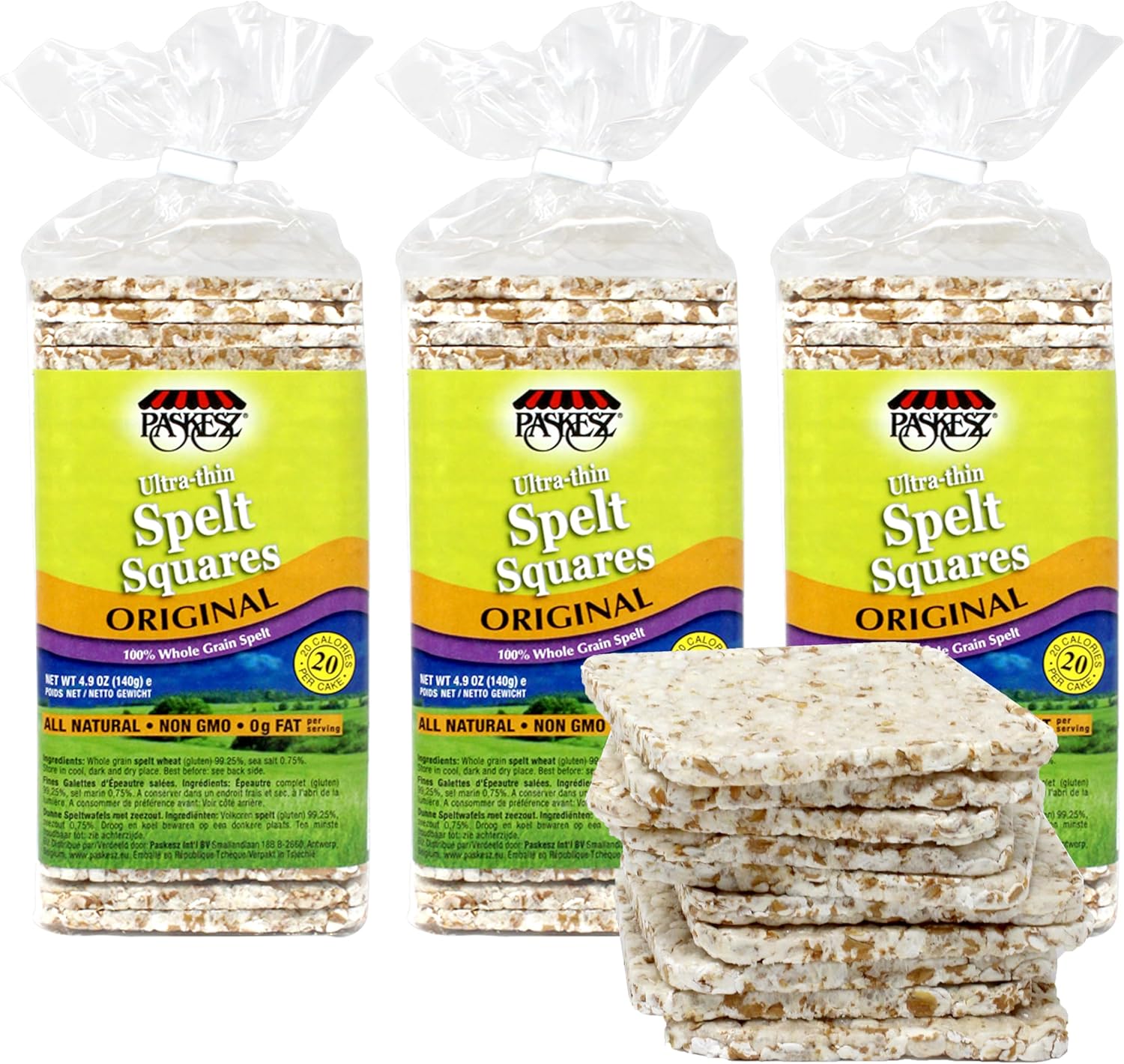Ultra Thin Whole Grain Spelt Squares Salted - Fat Free, Non GMO - Low Calorie Snacks - All Natural - 3 Pk