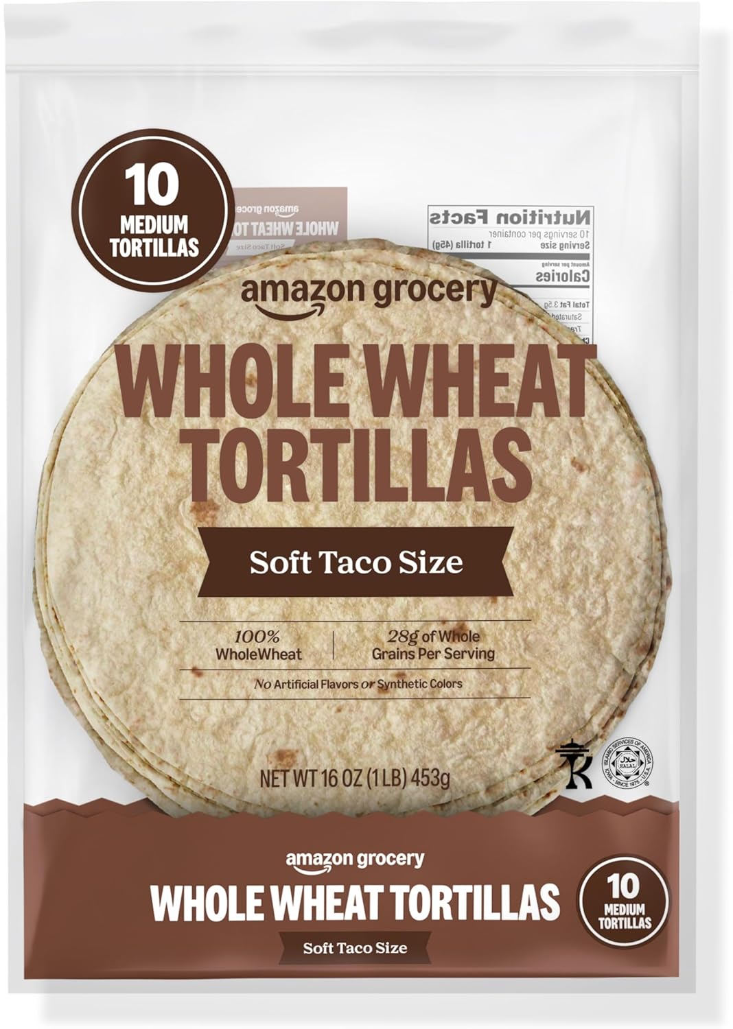 Amazon Grocery, Whole Wheat Tortilla, Soft Taco Size, 16 Oz, 10 Ct